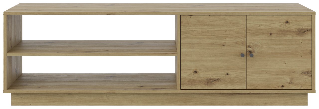 TV-Lowboard aus Holz mit zwei offenen Regalfächern und zwei Türen, frontale Ansicht