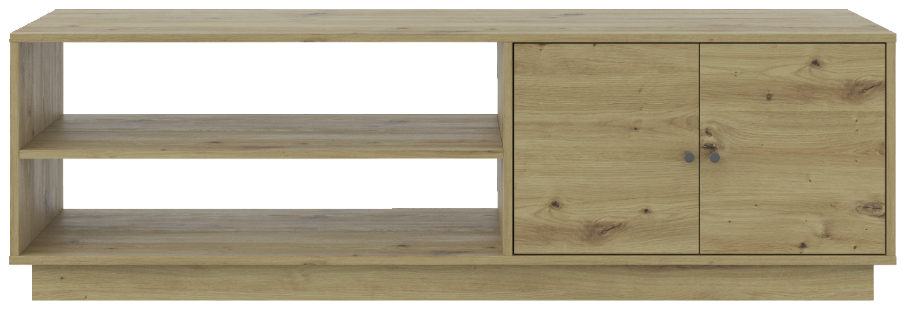 TV-Lowboard aus Holz mit zwei offenen Regalfächern und zwei Türen, frontale Ansicht
