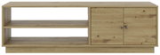 TV-Lowboard aus Holz mit zwei offenen Regalfächern und zwei Türen, frontale Ansicht