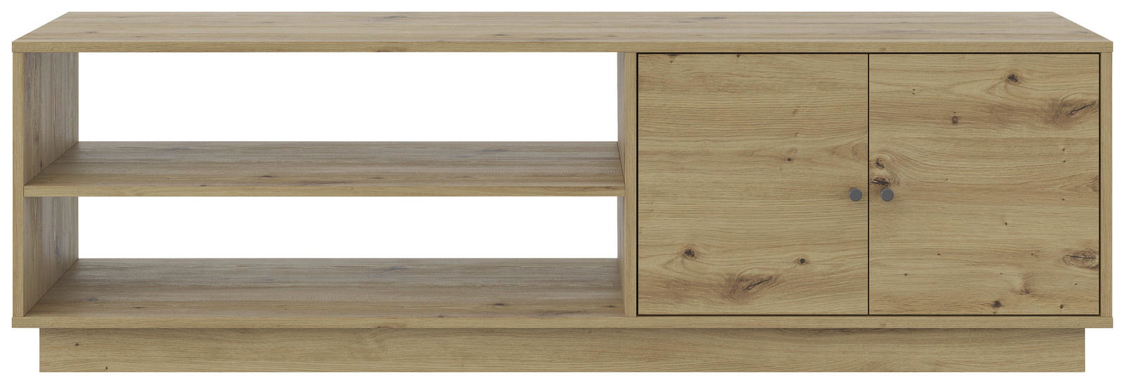 TV-Lowboard aus Holz mit zwei offenen Regalfächern und zwei Türen, frontale Ansicht