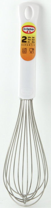 Schneebesen 25cm Classic von Dr. Oetker, Vorderansicht, mit weißem Griff und Edelstahl-Drähten.