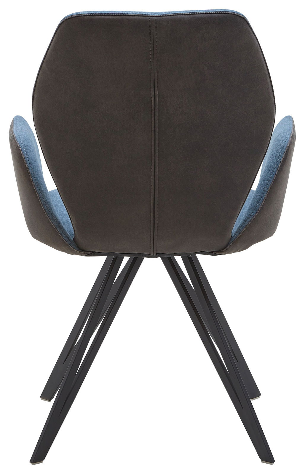 Rückansicht eines modernen Armlehnenstuhls mit schwarzem Gestell und blauer Polsterung.