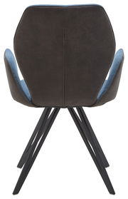 Rückansicht eines modernen Armlehnenstuhls mit schwarzem Gestell und blauer Polsterung.