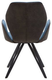 Rückansicht eines modernen Armlehnenstuhls mit schwarzem Gestell und blauer Polsterung.