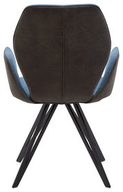 Rückansicht eines modernen Armlehnenstuhls mit schwarzem Gestell und blauer Polsterung.