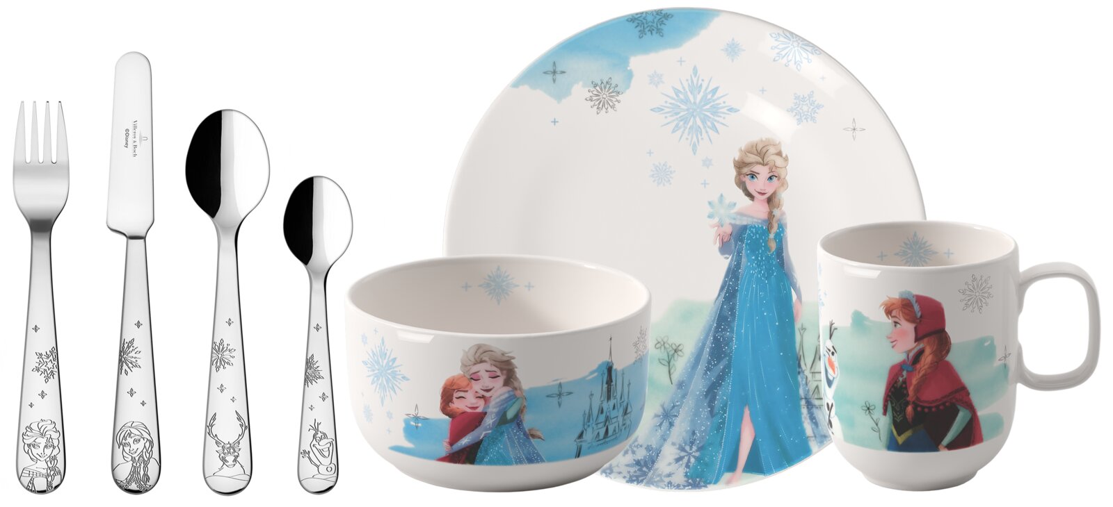 Villeroy & Boch Kindergeschirr Set 7tlg. DISNEY FROZEN Disney Frozen Kindergeschirr-Set mit Teller, Schüssel, Becher und vier Besteckteilen aus Edelstahl, verziert mit Elsa, Anna, Olaf und Schneeflockenmotiven, in Frontansicht auf weißem Hintergrund