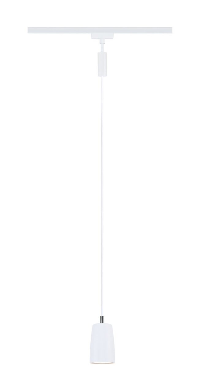 Weiße Schienenpendelleuchte aus der Frontalansicht, hängend an einer Schiene mit schlichtem, modernem Design.