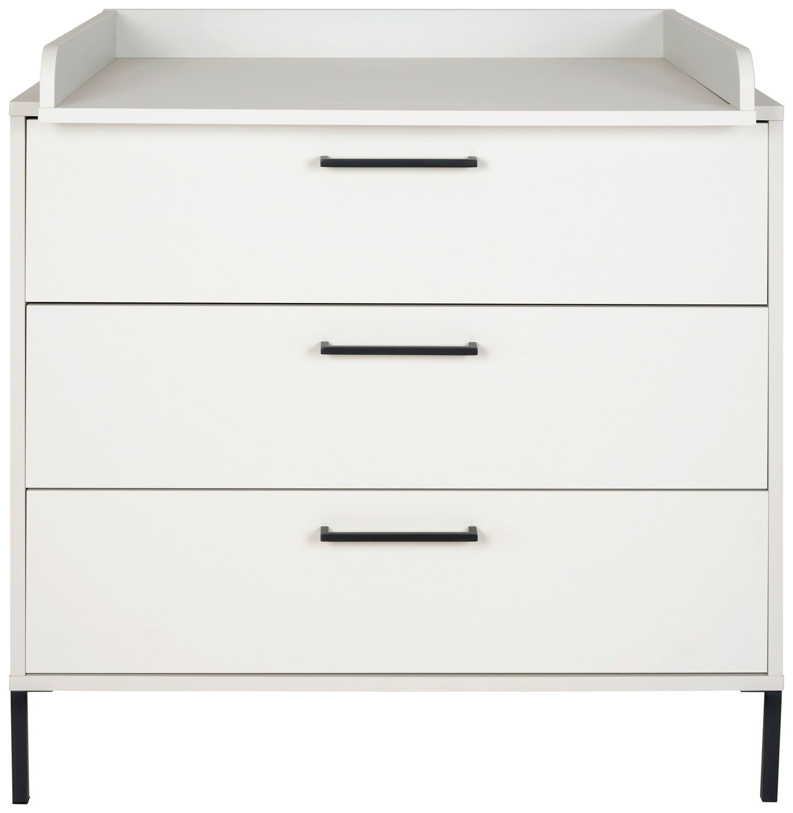 Weiße Wickelkommode mit drei Schubladen und schwarzen Griffen, frontale Ansicht