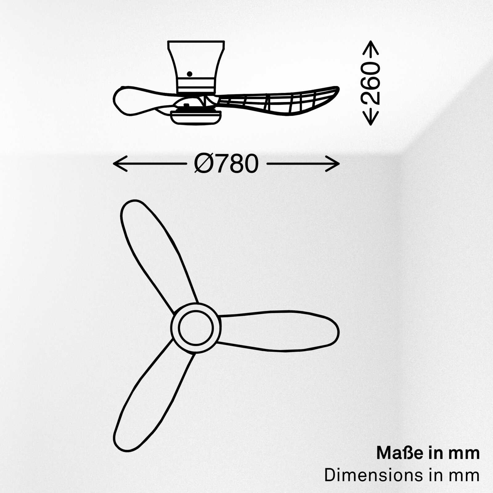 Technische Zeichnung eines dreiflügeligen Deckenventilators, Ansicht von oben und Seitenansicht, Durchmesser Ø 780 mm und Höhe 260 mm (Maße in mm)