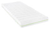 Weiße Jugendmatratze 90x200 cm mit grünem Reißverschluss, schräg von der Seite fotografiert.