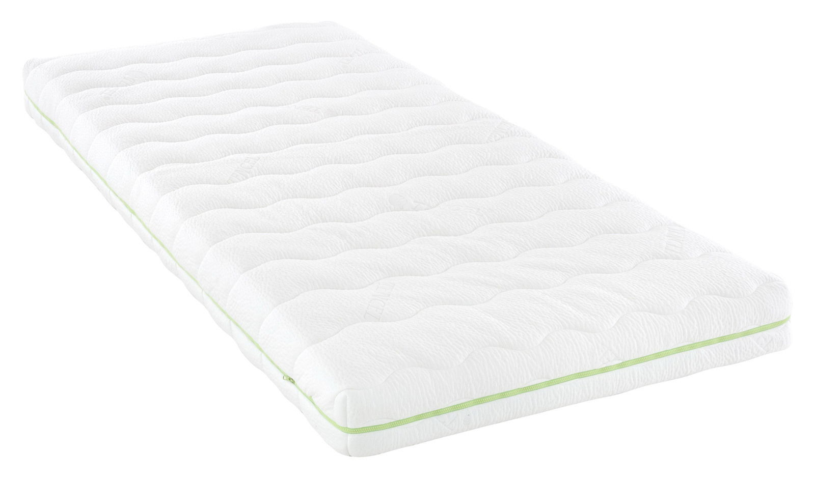 Weiße Jugendmatratze 90x200 cm mit grünem Reißverschluss, schräg von der Seite fotografiert.