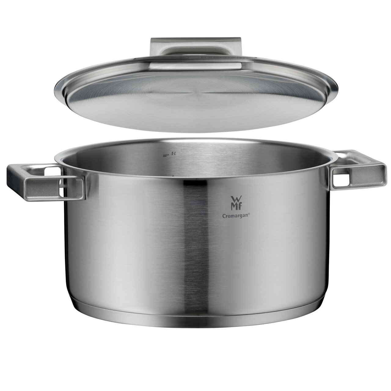 Topf aus Edelstahl mit Deckel, seitliche Perspektive, Teil des WMF Ultimate Cool Topf-Sets