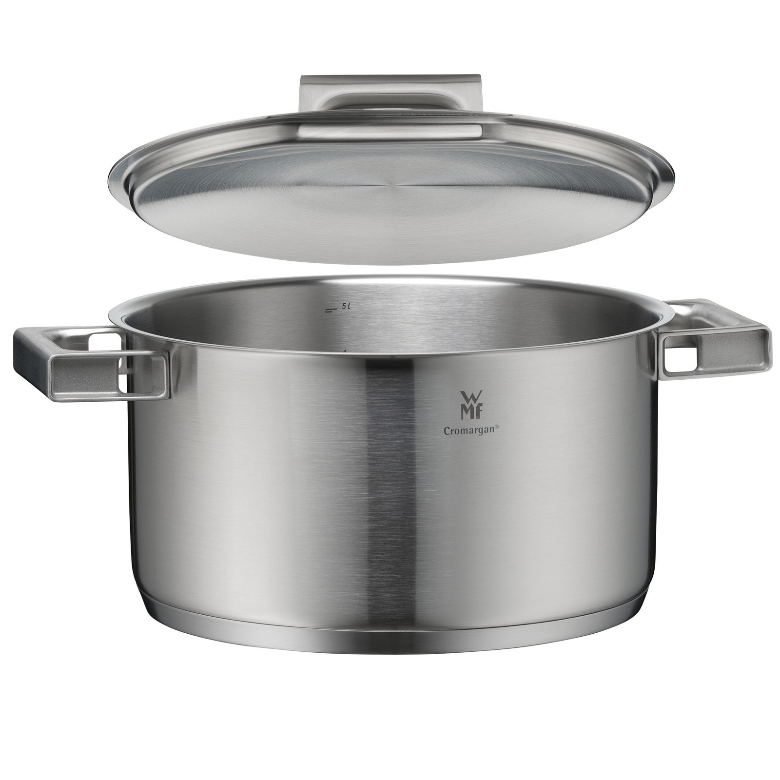 Topf aus Edelstahl mit Deckel, seitliche Perspektive, Teil des WMF Ultimate Cool Topf-Sets