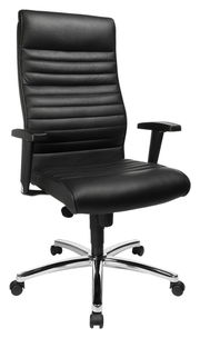 Schwarzer Chefsessel aus Leder mit Armlehnen und verchromtem Fußkreuz, seitliche Perspektive