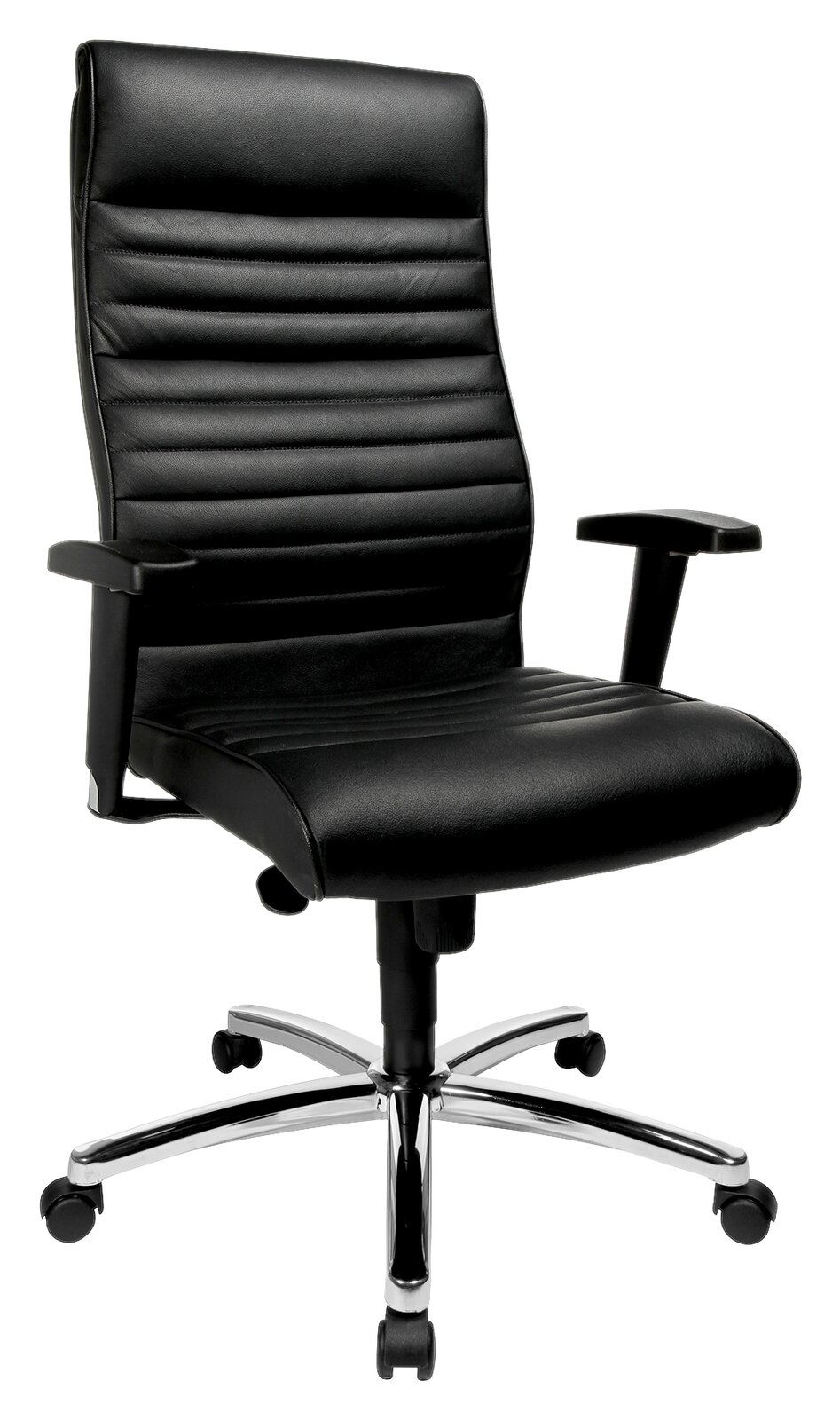 Schwarzer Chefsessel aus Leder mit Armlehnen und verchromtem Fußkreuz, seitliche Perspektive