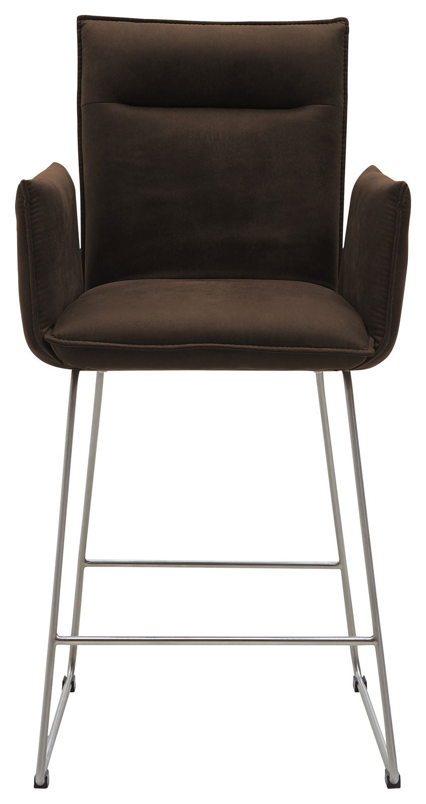 Barsessel in dunklem Stoff mit Armlehnen und Metallbeinen, Frontalansicht