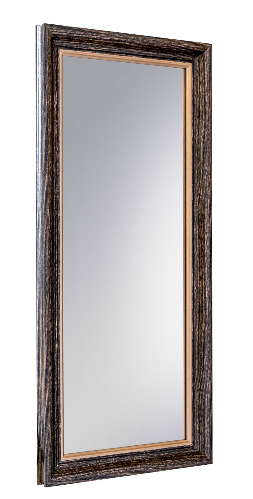 Rechteckiger Spiegel mit Holzrahmen in dunkler Holzoptik, seitliche Perspektive