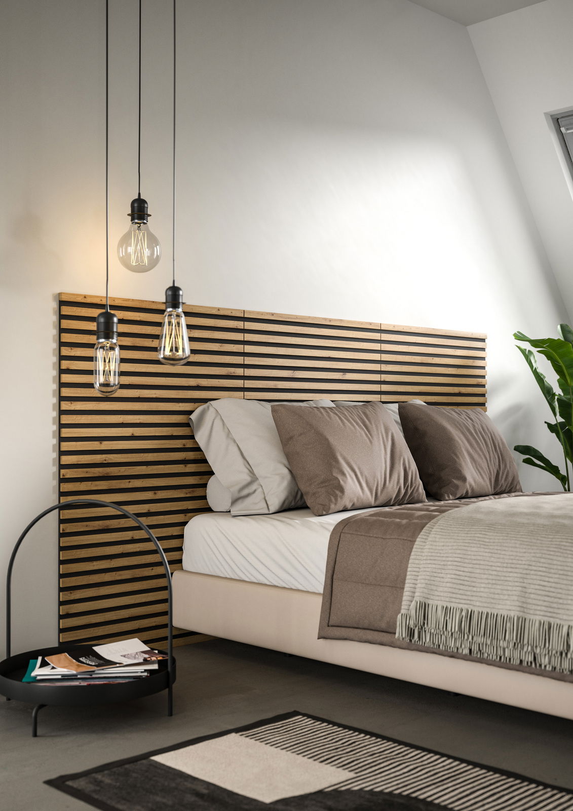 Modernes Schlafzimmer mit einem Akustikpaneel als Kopfteil, hängenden Lampen und einem eleganten Beistelltisch. Perspektive von der Seite des Bettes.