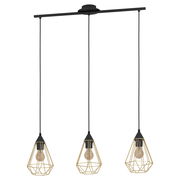 Dreiflammige Hängeleuchte Brush mit geometrischen, goldfarbenen Drahtschirmen, frontal betrachtet.