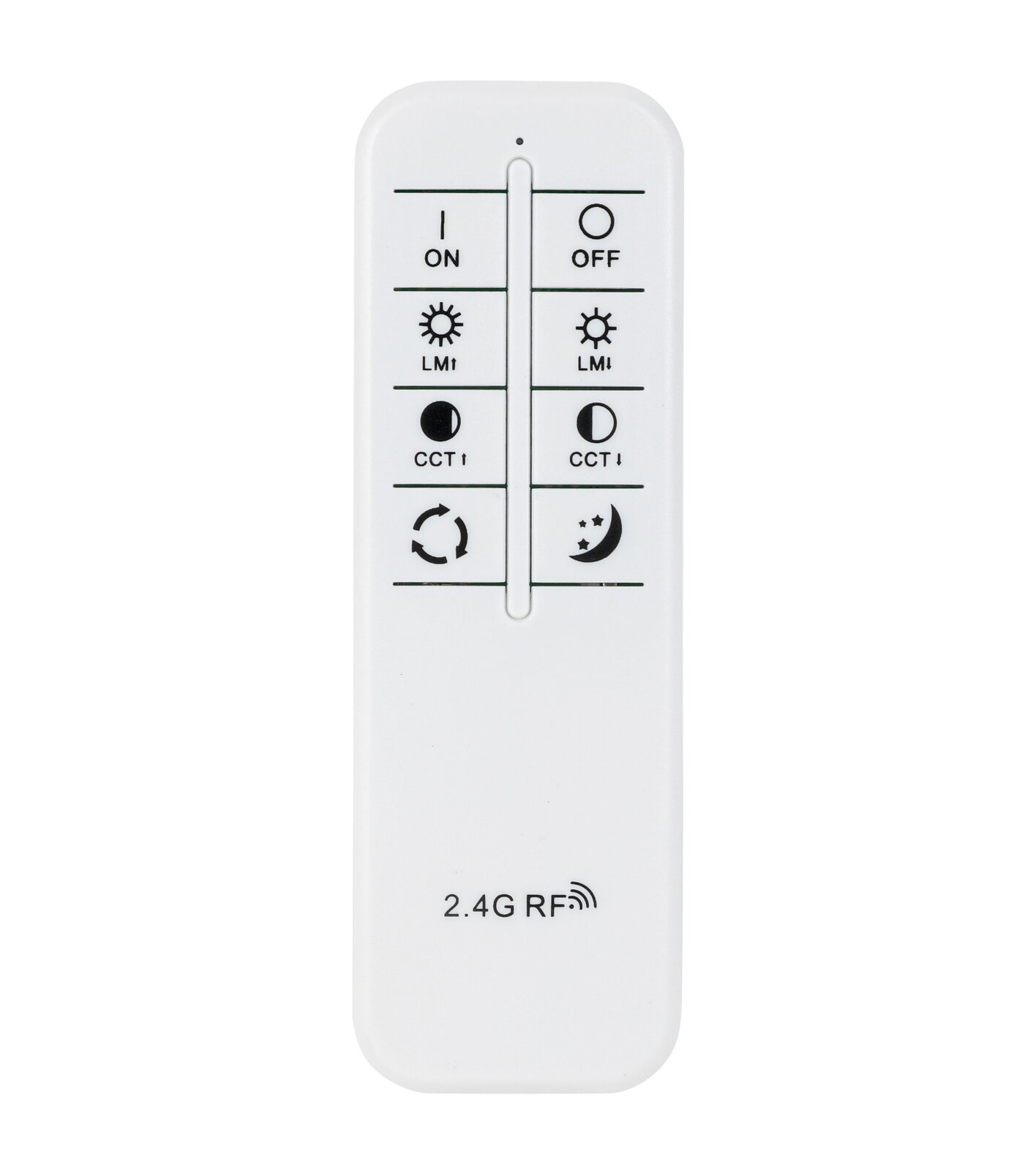 Weiße 2,4G RF Funk-Fernbedienung für LED-Beleuchtung mit Ein/Aus-, Helligkeits- (LMI) und Farbtemperatur- (CCT) Tasten sowie Nachtmodus, Frontalansicht