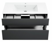 Moderne Badkombination mit weißem Waschbecken und zwei offenen Schubladen, Ansicht von vorne.