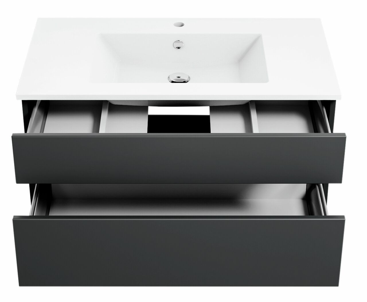 Moderne Badkombination mit weißem Waschbecken und zwei offenen Schubladen, Ansicht von vorne.