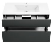 Moderne Badkombination mit weißem Waschbecken und zwei offenen Schubladen, Ansicht von vorne.