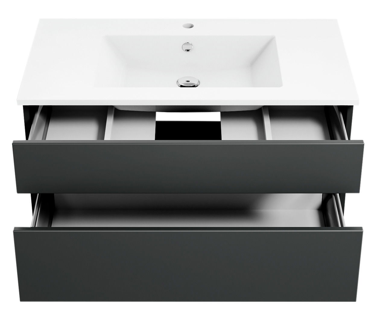 Moderne Badkombination mit weißem Waschbecken und zwei offenen Schubladen, Ansicht von vorne.