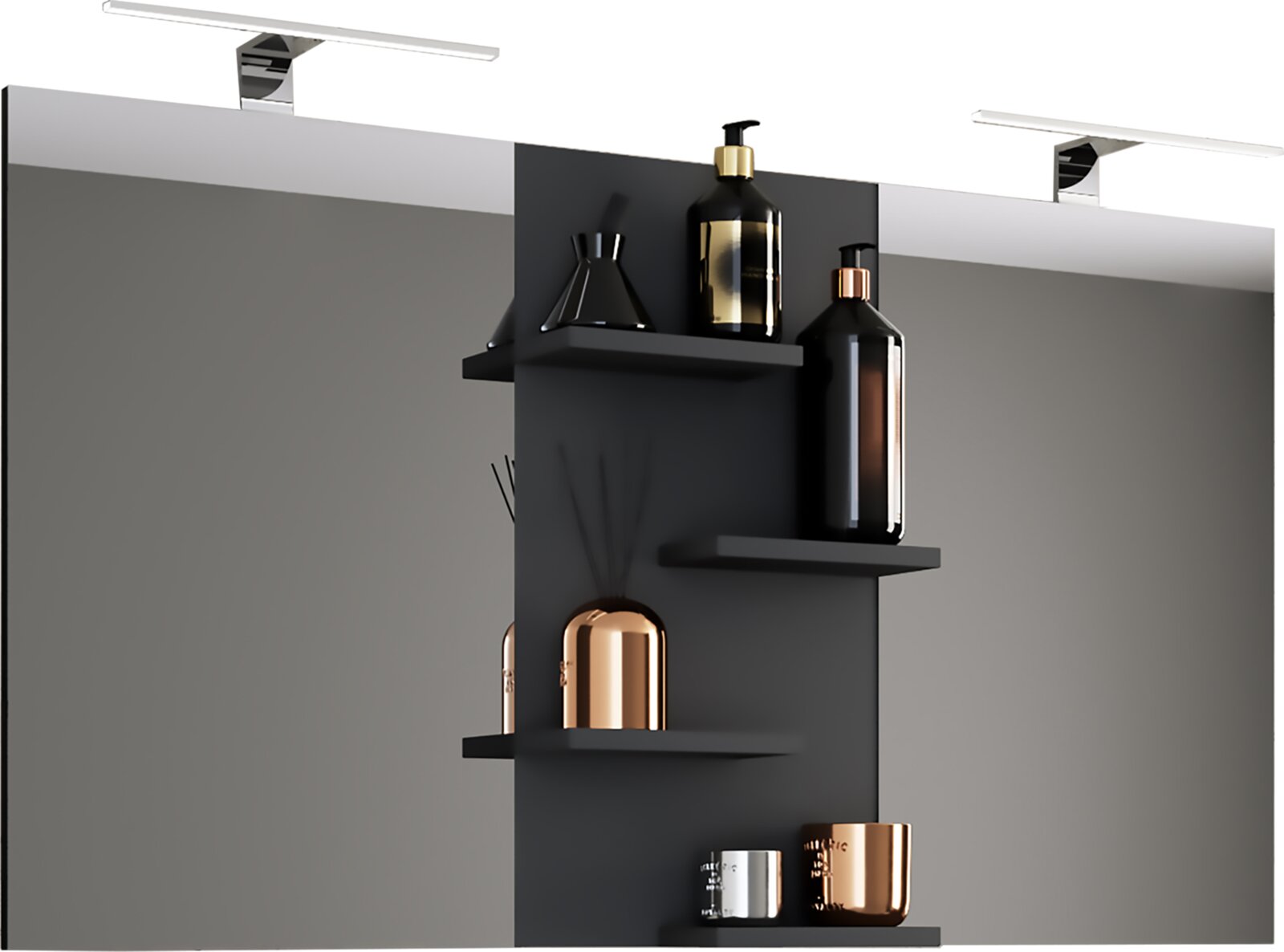 Moderner Badezimmerspiegelschrank mit zwei Spiegeltüren, mittigem schwarzen Regalpanel und Ablageflächen mit Dekoflaschen und Kerzen, Ansicht leicht von vorne/oben