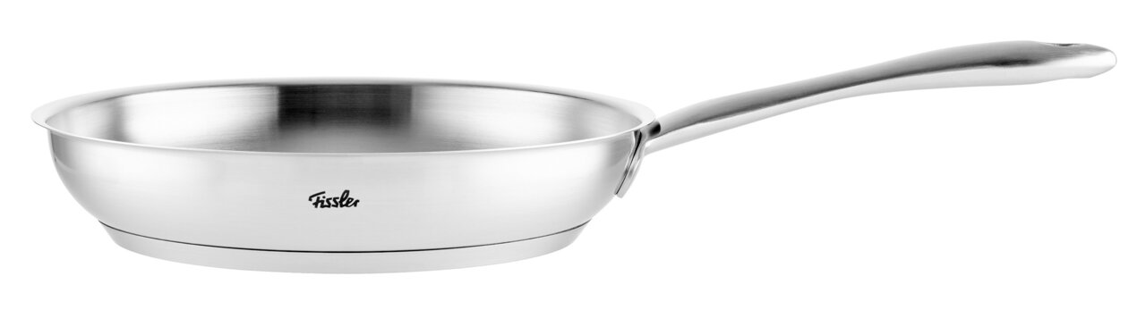 Edelstahlpfanne mit 24 cm Durchmesser, seitliche Perspektive, glänzende Oberfläche und ergonomischer Griff.