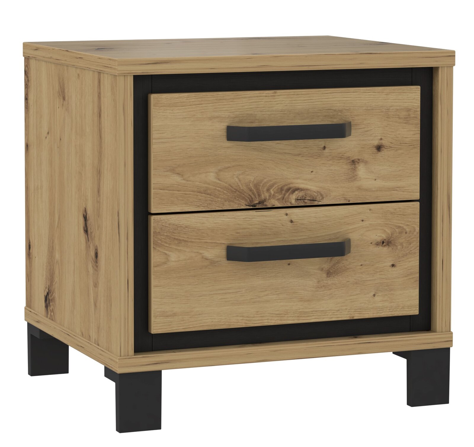 Z2 Nachtkonsole TRONDHEIM Nachtkonsole aus Holz mit zwei Schubladen und schwarzen Griffen, seitliche Perspektive