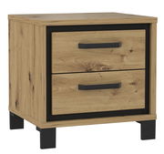 Nachtkonsole aus Holz mit zwei Schubladen und schwarzen Griffen, seitliche Perspektive