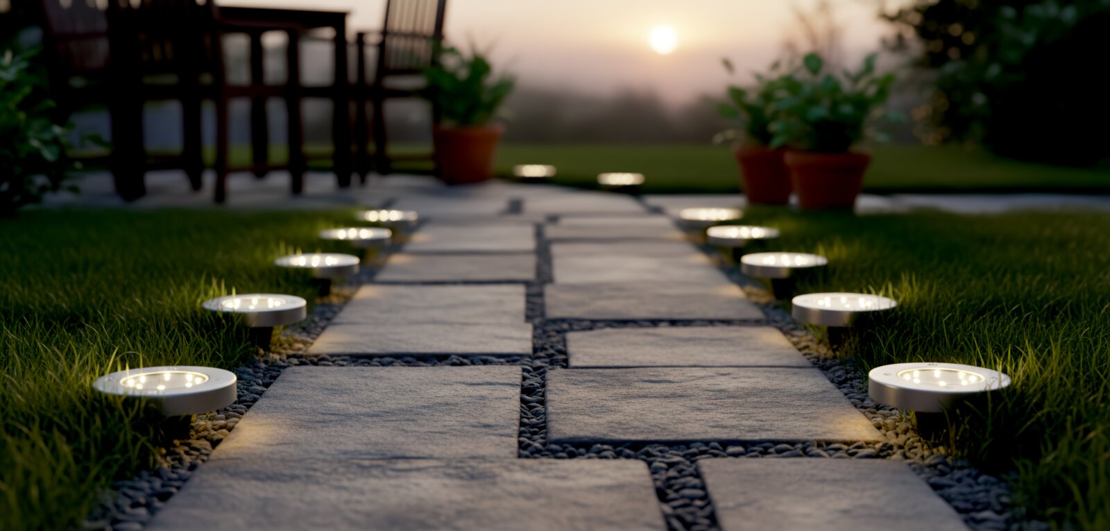 Ambia Garden Zonne-lamp FRANZ Perspectief vanaf de grond: ronde zonne-grondlampen staan langs een tuinpad van stenen tegels en verspreiden warm wit licht bij zonsondergang.