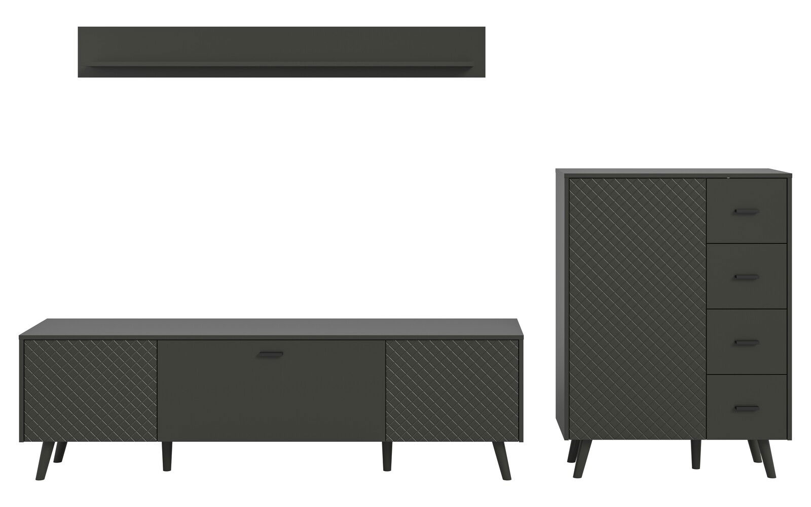 Wohnkombination in dunklem Design mit einem niedrigen TV-Schrank, einem hohen Schrank mit Schubladen und einem Wandregal, frontal betrachtet.
