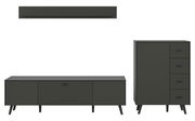 Wohnkombination in dunklem Design mit einem niedrigen TV-Schrank, einem hohen Schrank mit Schubladen und einem Wandregal, frontal betrachtet.