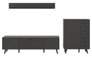 Wohnkombination in dunklem Design mit einem niedrigen TV-Schrank, einem hohen Schrank mit Schubladen und einem Wandregal, frontal betrachtet.