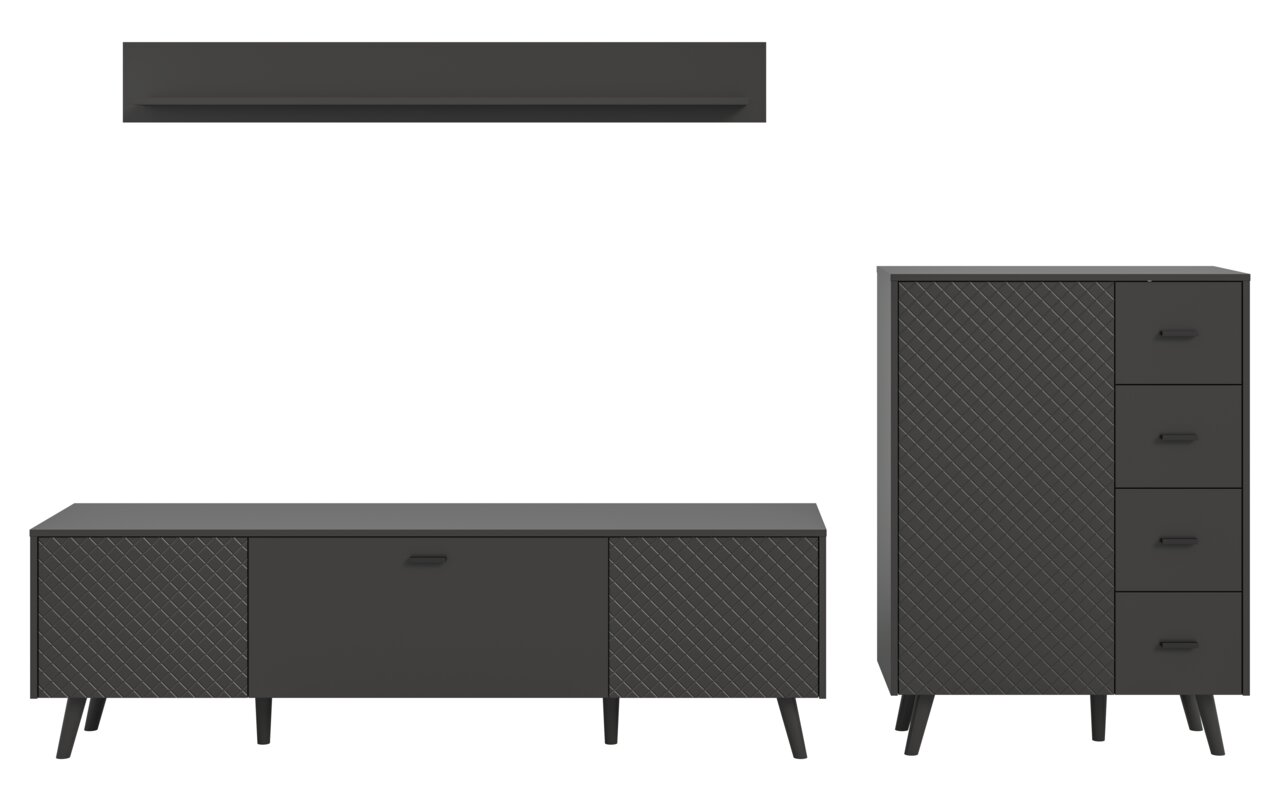 Wohnkombination in dunklem Design mit einem niedrigen TV-Schrank, einem hohen Schrank mit Schubladen und einem Wandregal, frontal betrachtet.