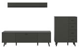 Wohnkombination in dunklem Design mit einem niedrigen TV-Schrank, einem hohen Schrank mit Schubladen und einem Wandregal, frontal betrachtet.
