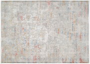Designer Teppich mit abstraktem Muster in Grau, Rot, Blau und Gelb, Draufsicht