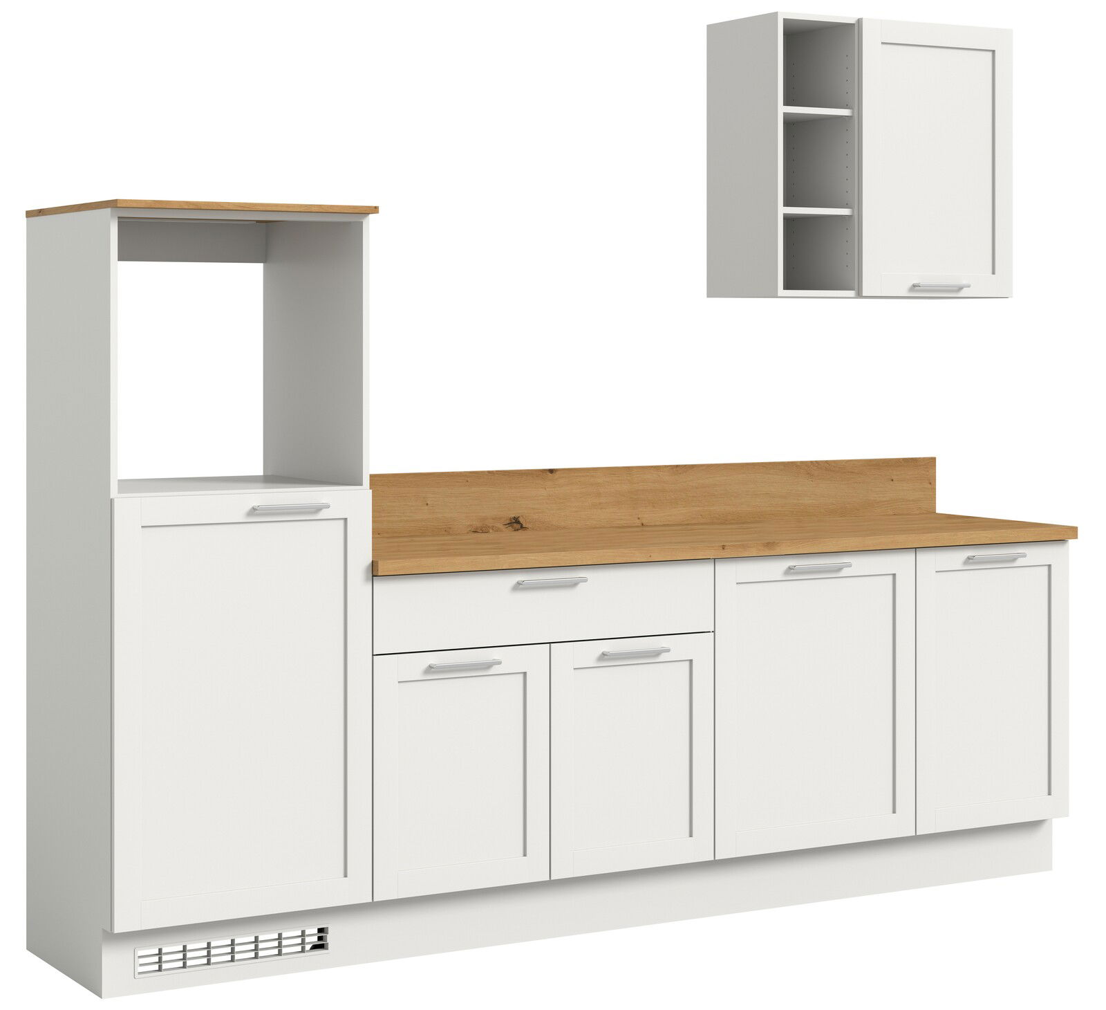 Küchenblock 260 in Weiß mit Holzarbeitsplatte, bestehend aus Unterschränken und einem Hängeschrank, seitliche Perspektive