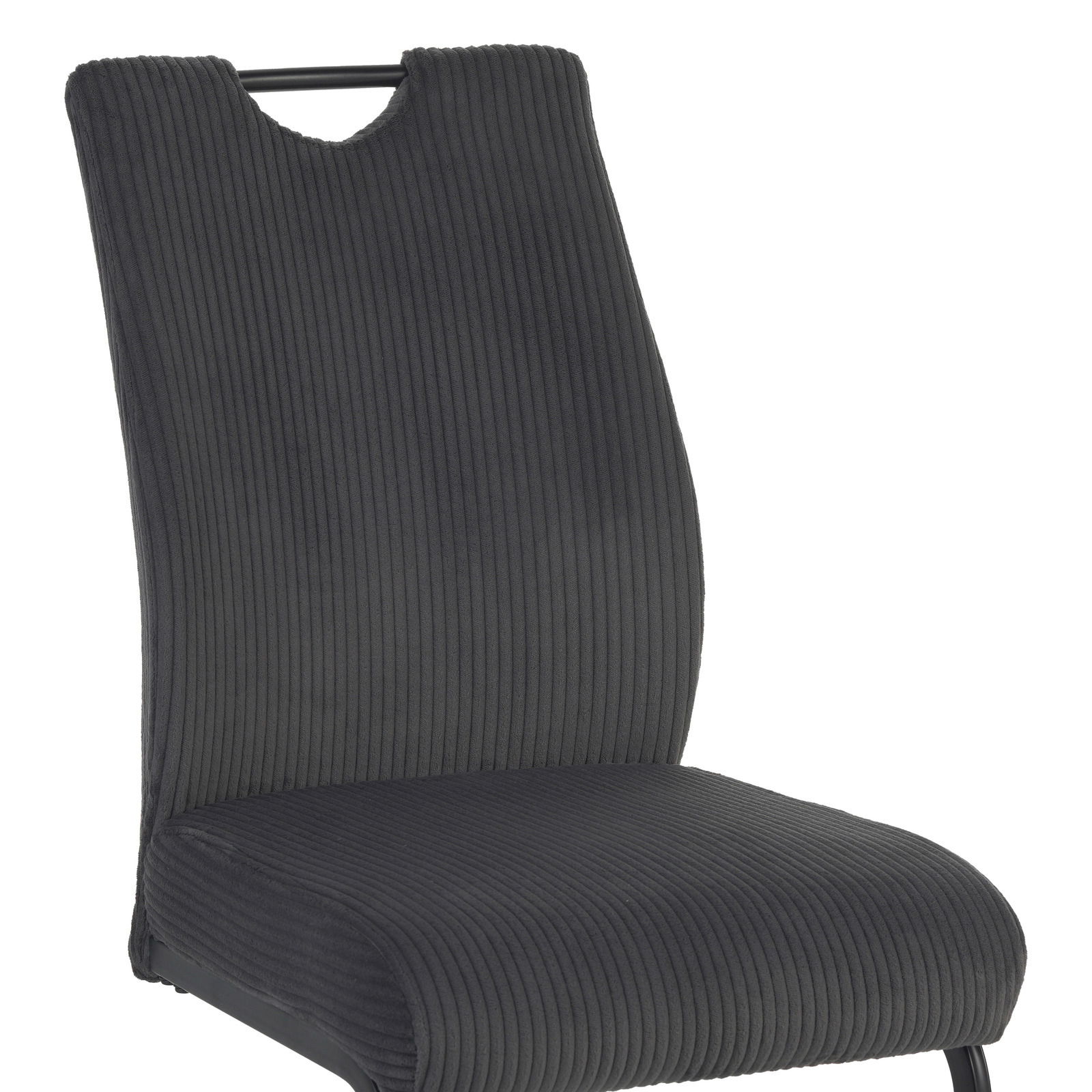 Schwingstuhl in dunklem Stoff mit Rillenstruktur, seitliche Perspektive