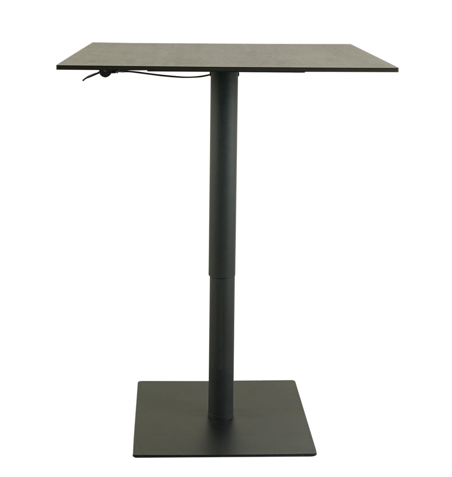 Quadratischer Bartisch aus Metall, seitliche Perspektive