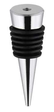 Nahaufnahme eines metallischen Flaschenverschlusses mit konischer Form und schwarzen Gummiringen.