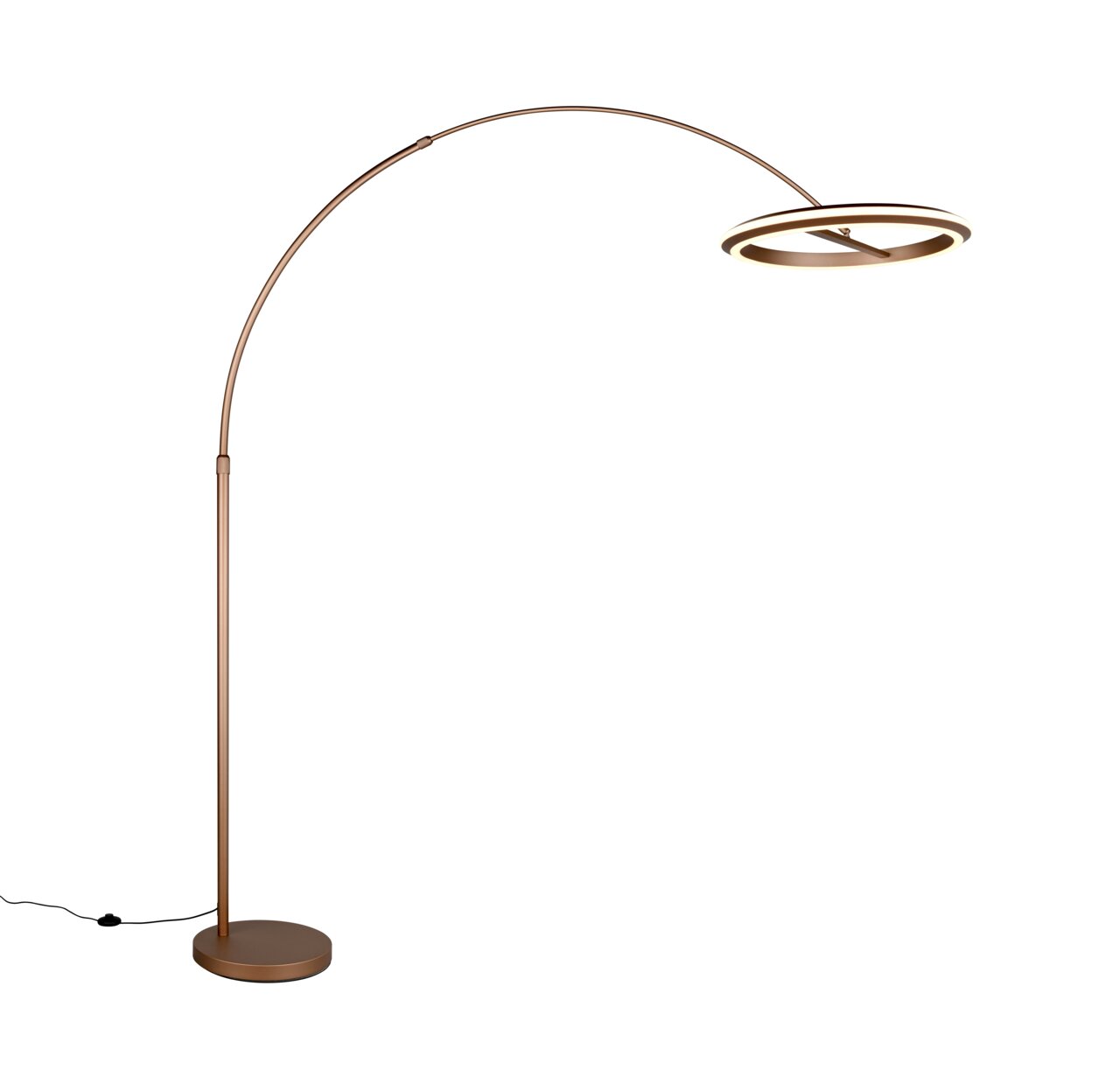 Moderne LED-Bogenleuchte in Bronze mit rundem Lampenschirm, seitliche Perspektive
