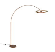 Moderne LED-Bogenleuchte in Bronze mit rundem Lampenschirm, seitliche Perspektive