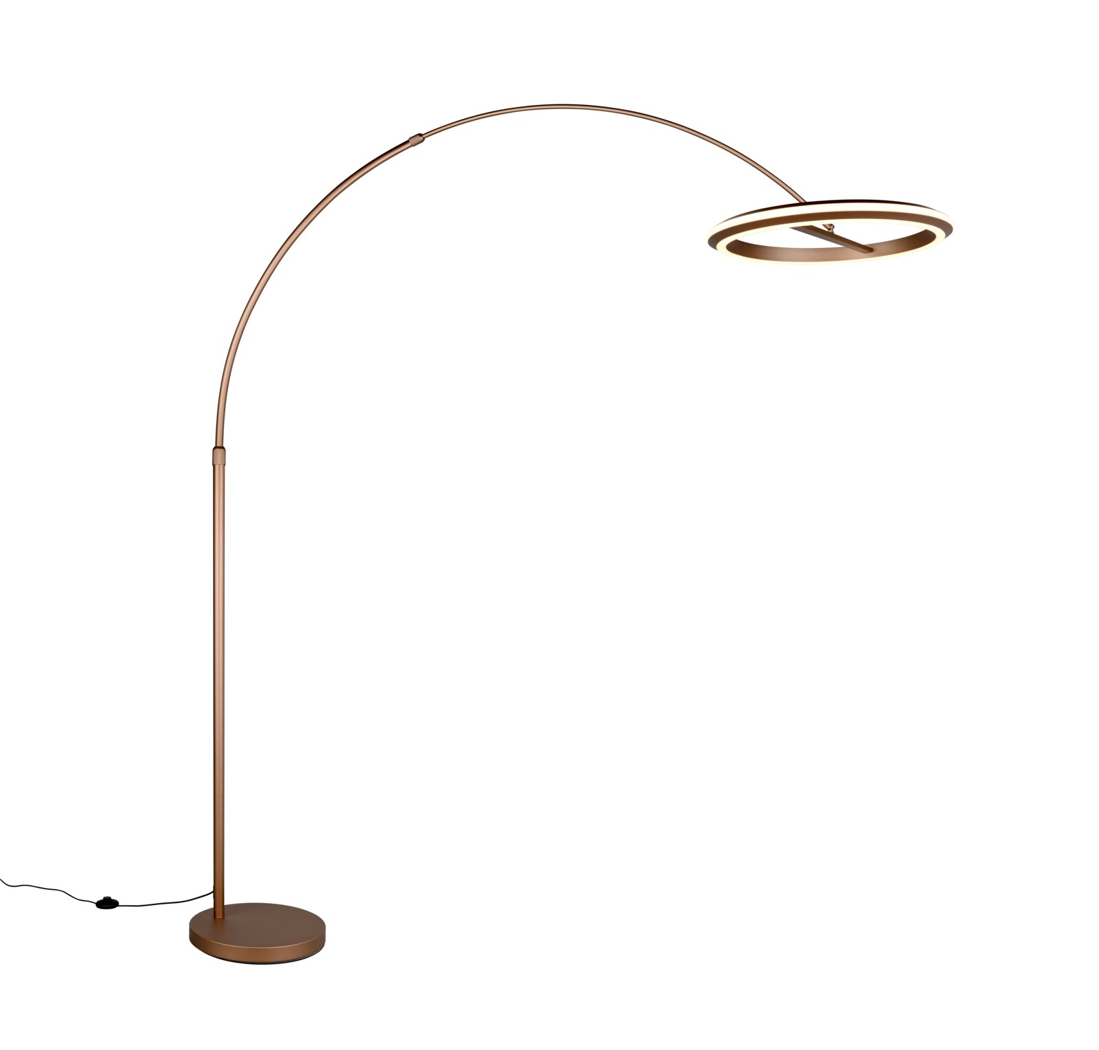 Moderne LED-Bogenleuchte in Bronze mit rundem Lampenschirm, seitliche Perspektive