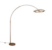 Moderne LED-Bogenleuchte in Bronze mit rundem Lampenschirm, seitliche Perspektive