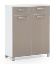 Schuhkommode mit zwei Schubladen und zwei Türen in Frontansicht, moderne Optik in Beige und Weiß.