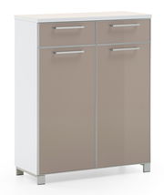 Schuhkommode mit zwei Schubladen und zwei Türen in Frontansicht, moderne Optik in Beige und Weiß.