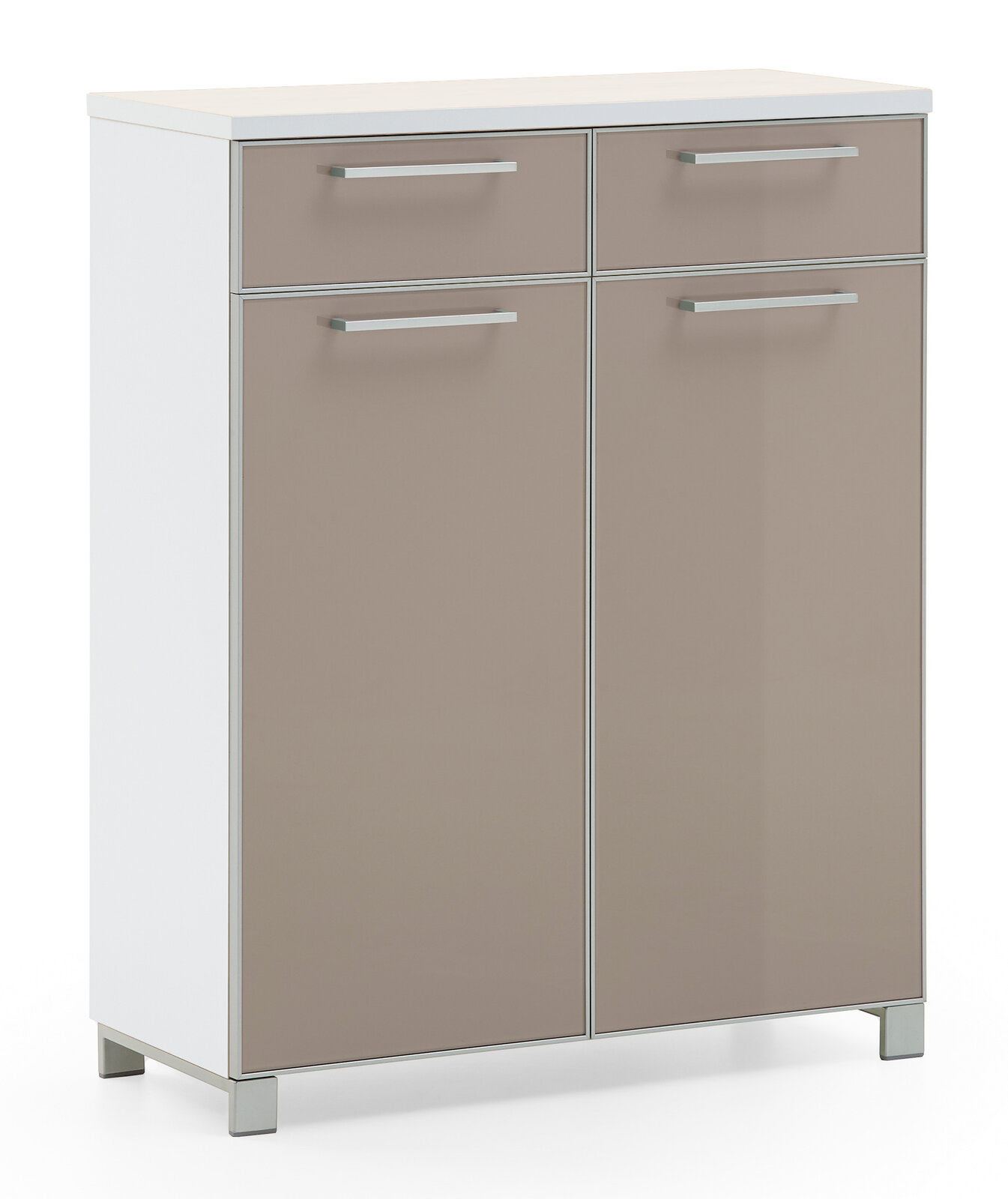 VOSS Schuhkommode SANTINA Schuhkommode mit zwei Schubladen und zwei Türen in Frontansicht, moderne Optik in Beige und Weiß.
